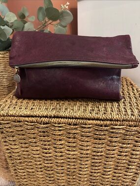 Clare Vivier Leather Fold-Over plum Burgundy zipper clutch purse